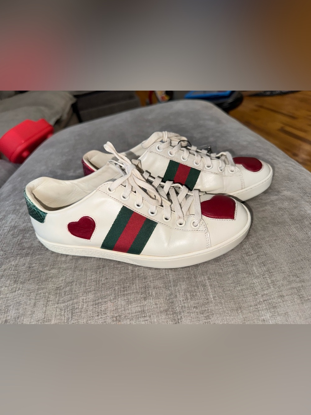 Gucci Leather Sneakers with Red Heart and Green-Red Stripe